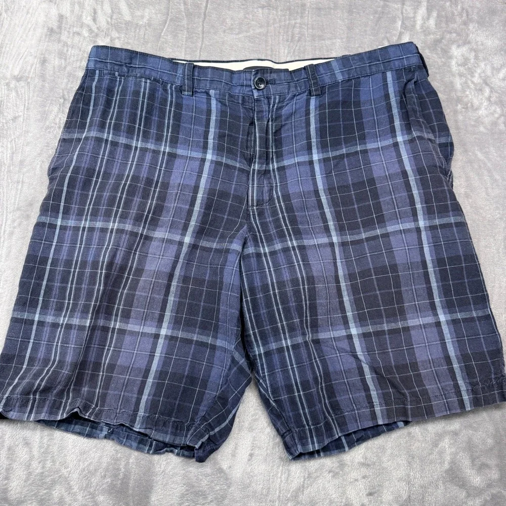 Banana Republic Shorts Mens 38 Plaid Navy Blue‎ Linen Cotton Blend Flat Front
